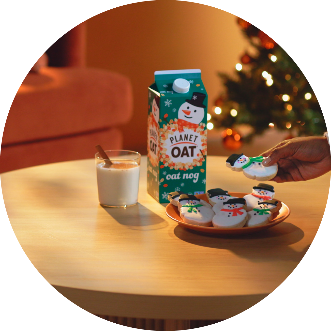 Planet Oat Oat Nog with snowman sugar cookies