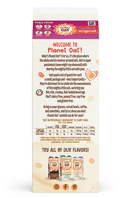 Planet Oat Oatmilk Unsweetened Original 52oz Back