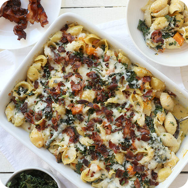 butternut squash kale and bacon mac and cheese