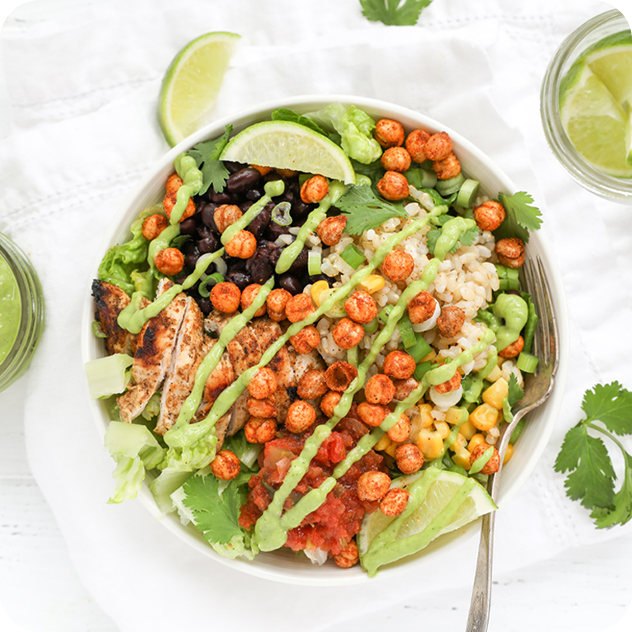 chicken burrito bowl with avocado crema