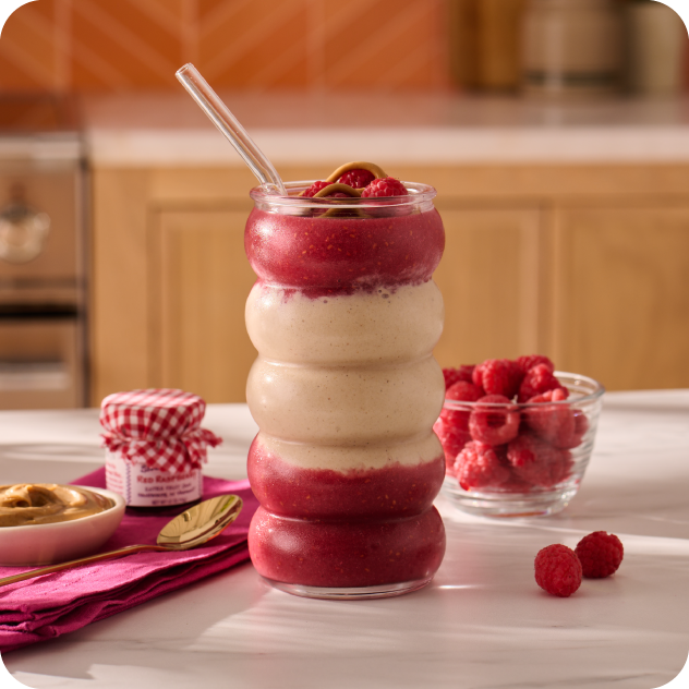 peanut butter and jelly layered oatmilk smoothie