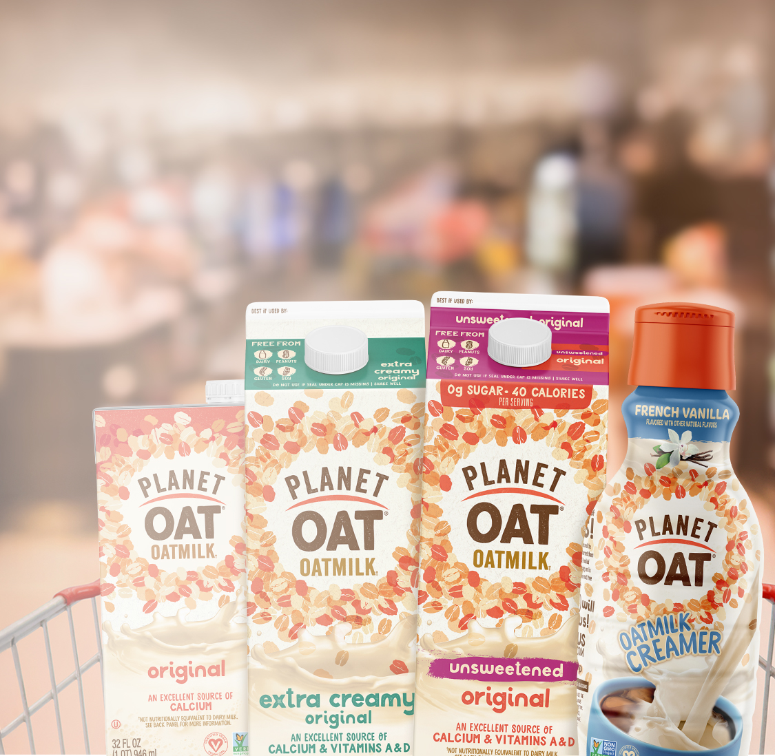 Planet Oat Oatmilk and Creamer products in a shopping cart in a grocery store setting